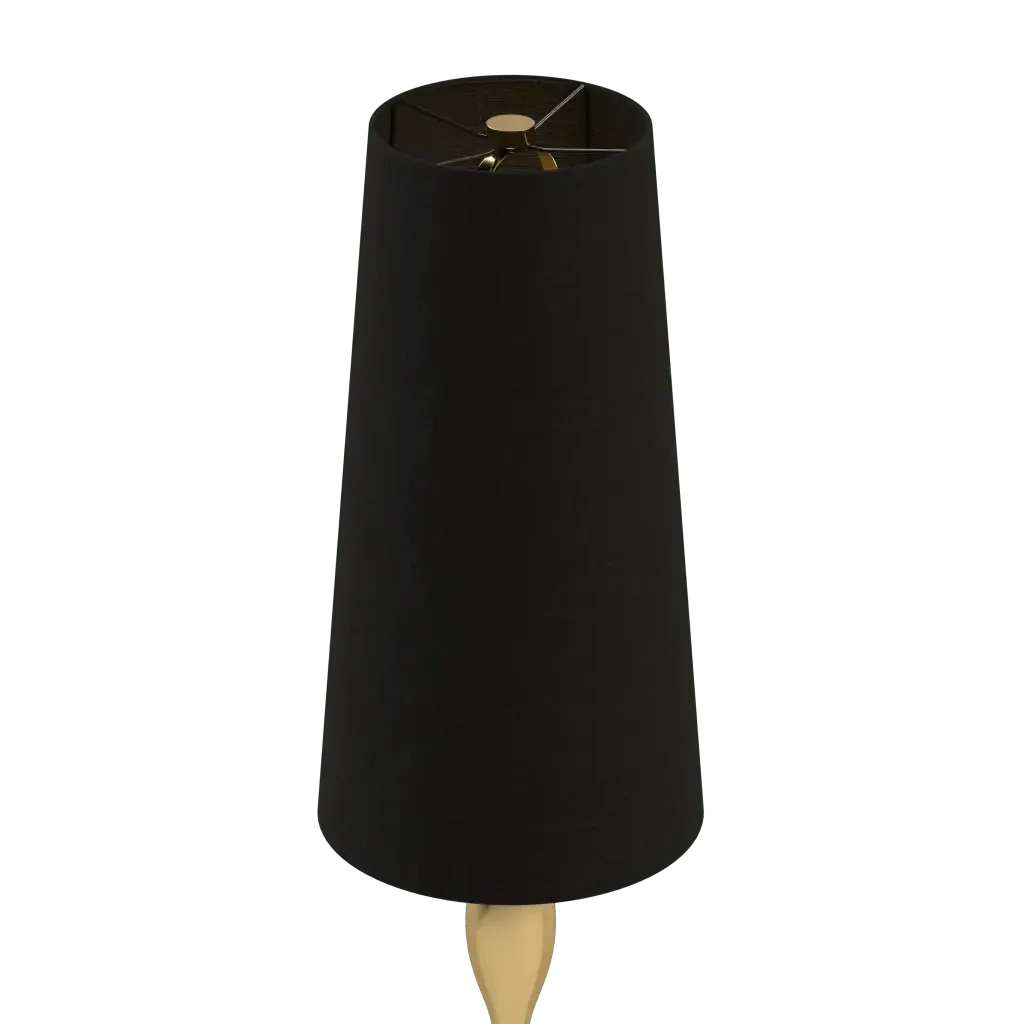 Spindle table lamp with black tapered drum lampshade and gold-colored finial for elegant lighting
