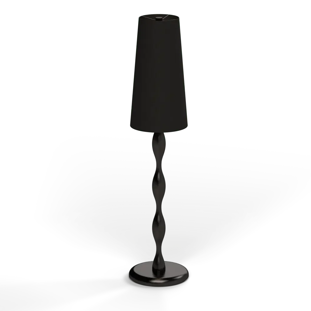 Spindle table lamp with a dark twisted reflective metal stand and a rectangular dark shade for ambient lighting