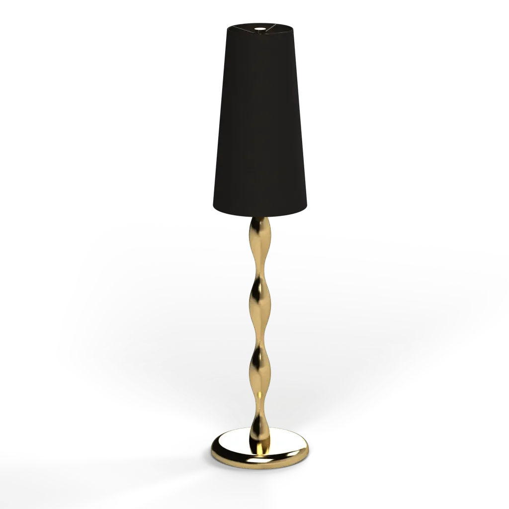 Spindle table lamp with a twisted gold metallic base and a black rectangular shade for elegant home lighting