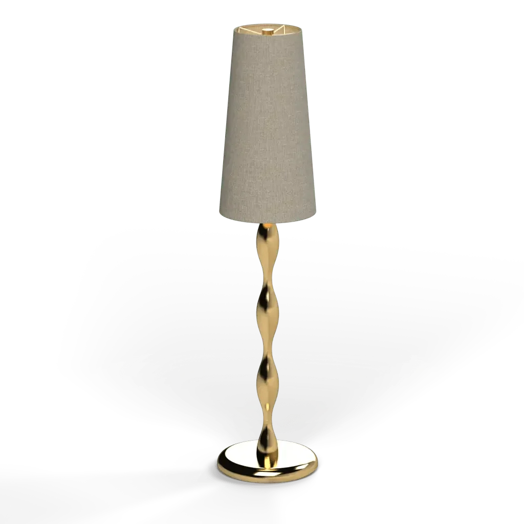 Spindle table lamp with gold-finished twisted stem and cream-colored conical shade for elegant lighting