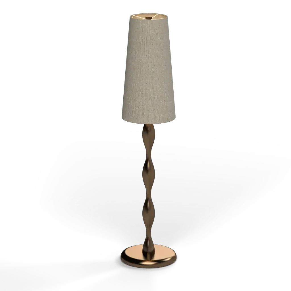 Spindle table lamp with a twisted gold metal base and a cream fabric conical shade for modern lighting