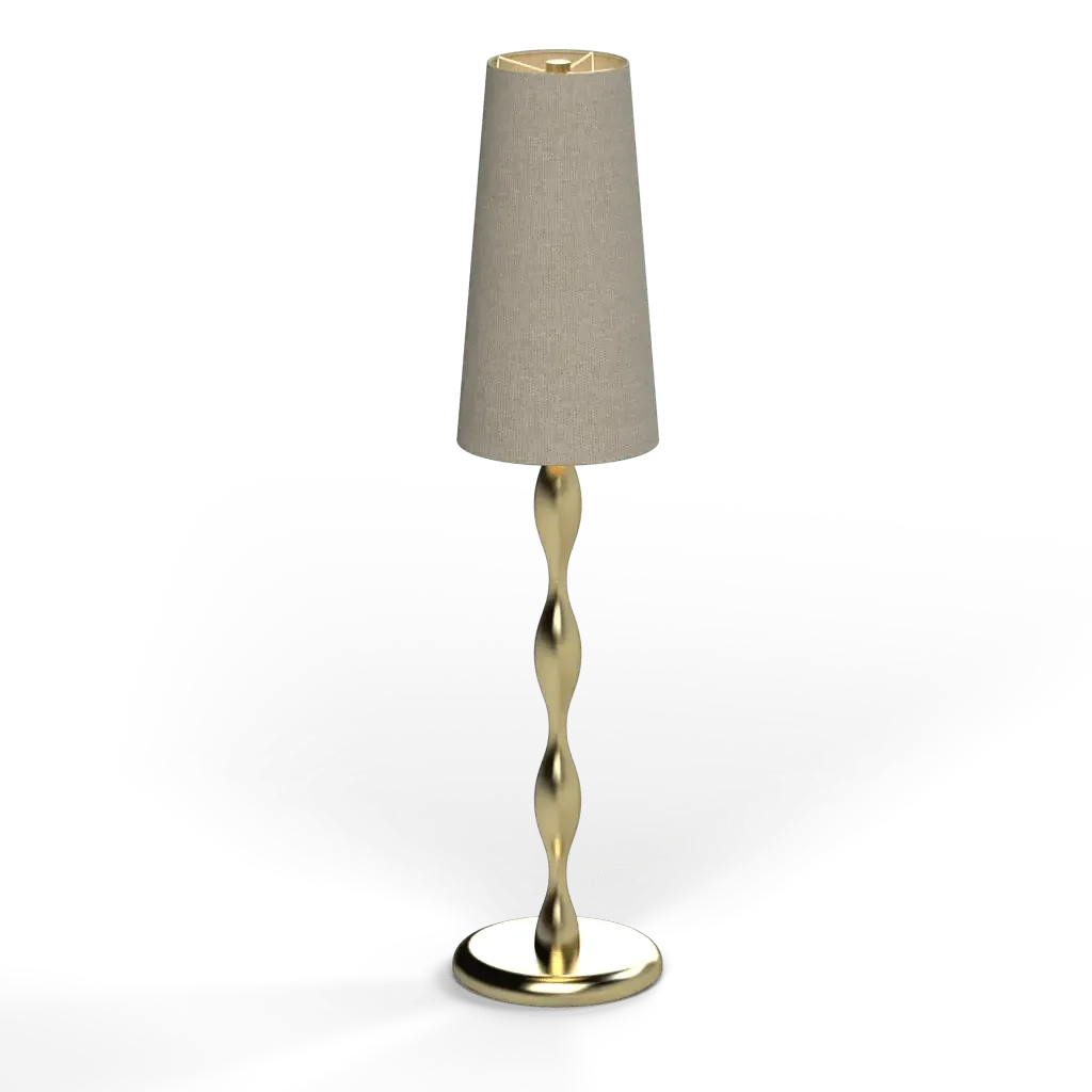 Modern gold spindle table lamp with beige fabric shade featuring a sleek metal base for stylish indoor lighting