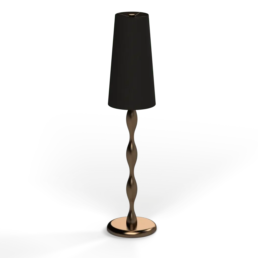 Spindle table lamp with a twisted golden metallic stand and a black shade for elegant floor lighting