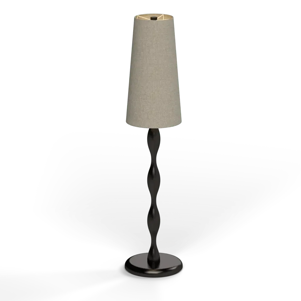 Tall spindle table lamp with beige conical shade and dark twisted metal stand on circular base for indoor lighting