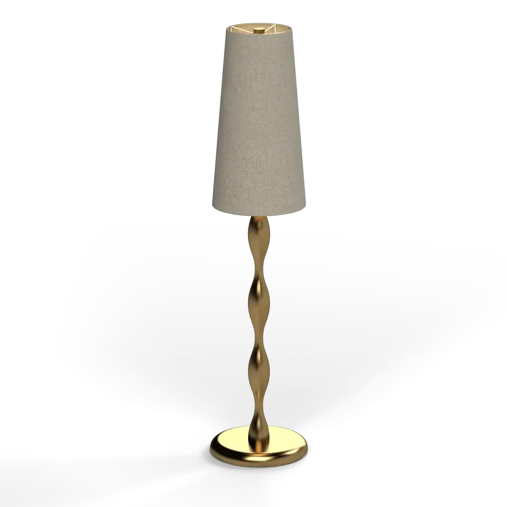 Spindle table lamp with a tall gold-toned twisted metal stem and a tapered cream fabric shade