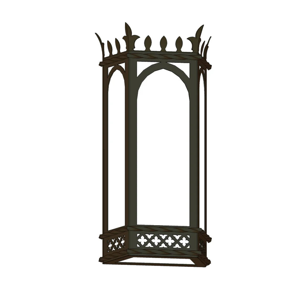 Dark bronze gothic-style wrought iron wall lantern with arched window and decorative fleur-de-lis finials.