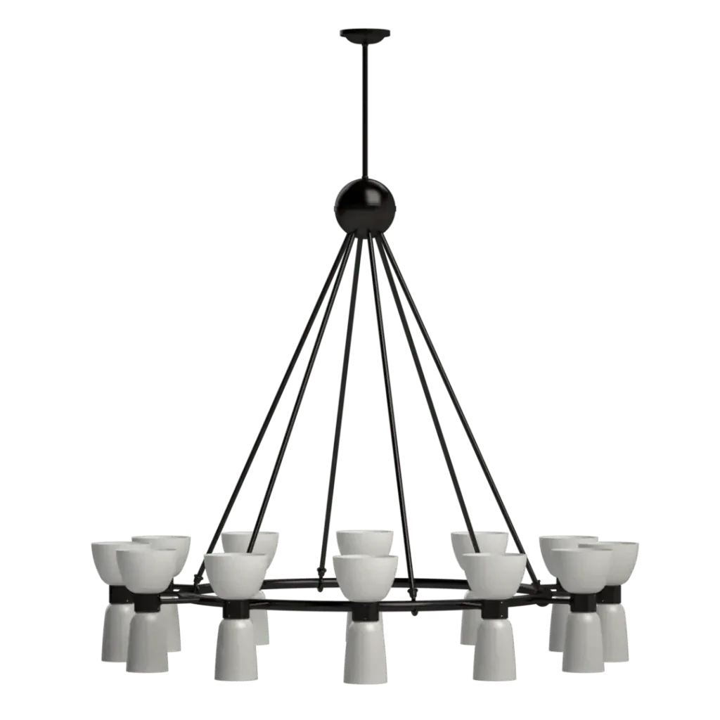 Black metal St Michael’s chandelier with white bowl-shaped shades for elegant indoor lighting