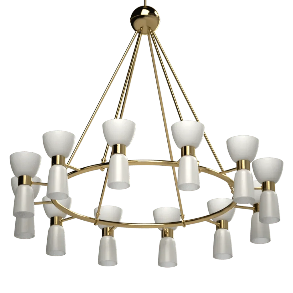 St. Michael’s chandelier with brass frame and white hourglass-shaped shades for elegant interior lighting
