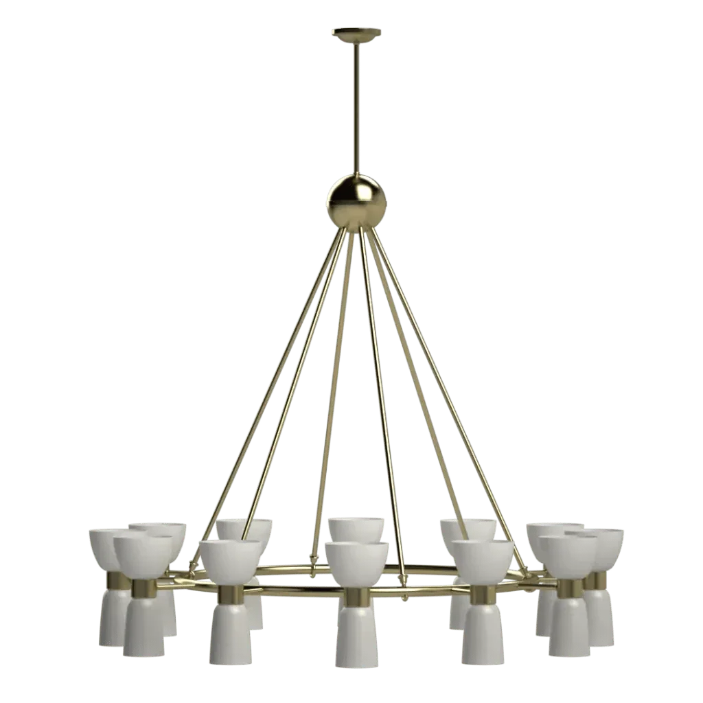 St. Michaels chandelier brass with white conical light shades featuring an elegant classic design
