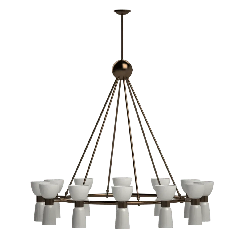 St. Michael’s chandelier is a modern bronze and white glass chandelier designed for elegant interior lighting