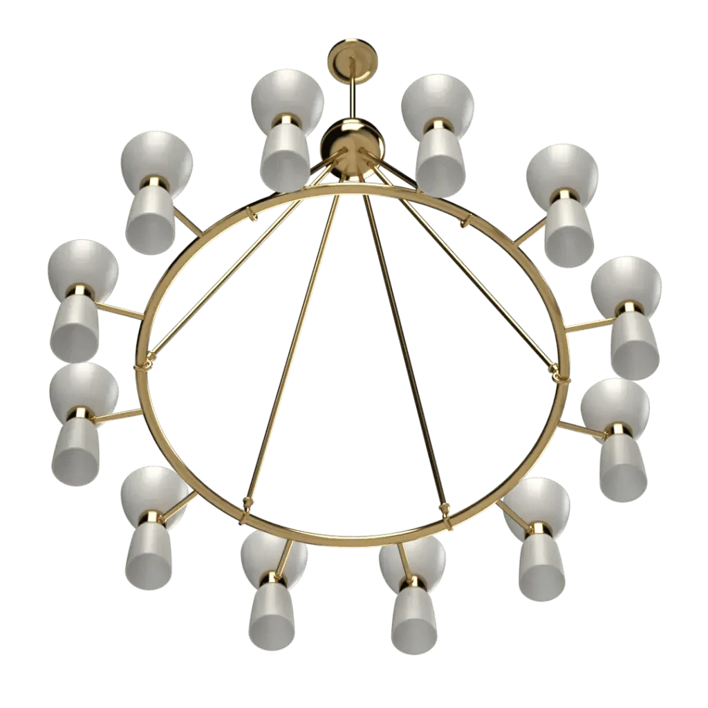 St. Michael’s chandelier gold-finished metal with multiple white conical and spherical lamps for elegant lighting