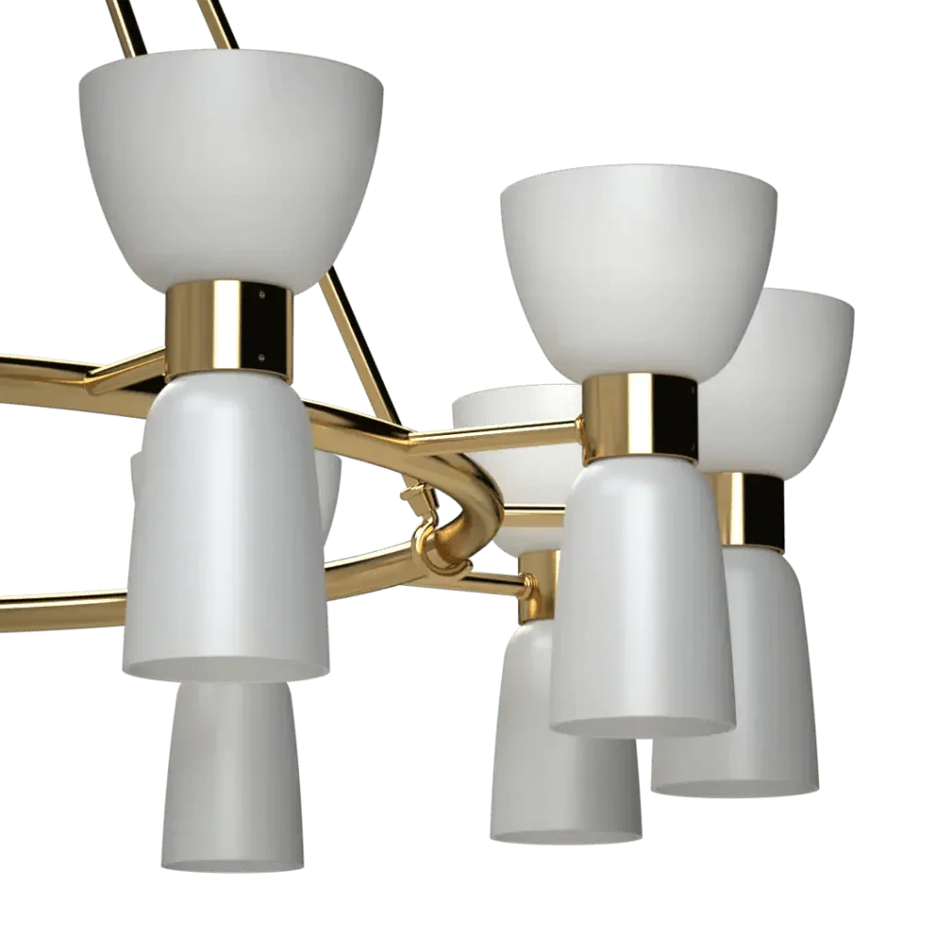 St. Michaels chandelier featuring white glass shades and a gold frame in a modern design