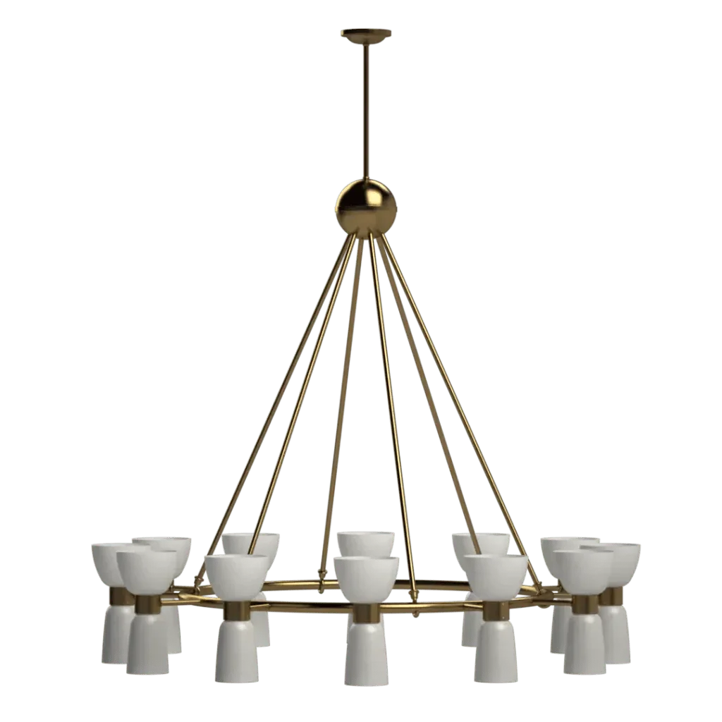 Gold and white modern chandelier with metallic finish designed for elegant indoor lighting named st michaels chandelier