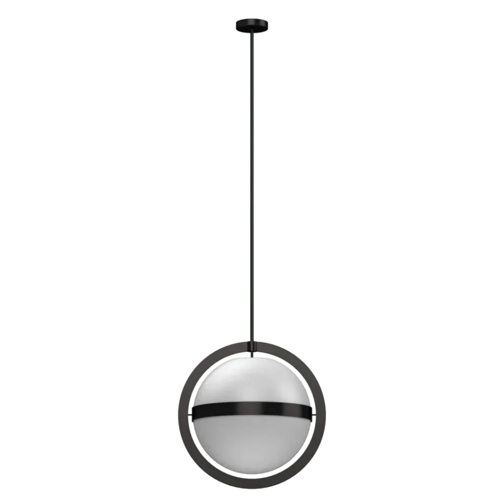 Stria Pendant - polished brass finish, detail of horizontal brass band at sphere equator