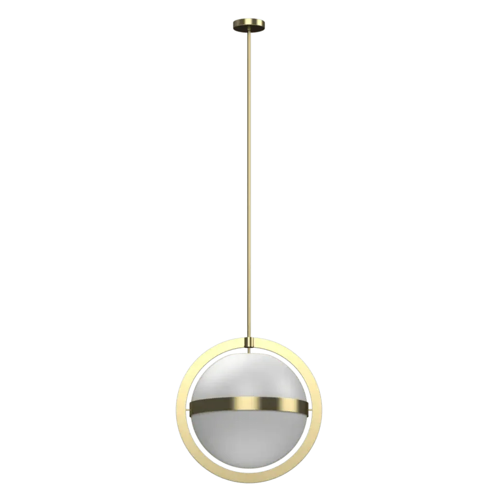 Stria Pendant - polished brass finish, three-quarter view showing sphere within brass ring frame