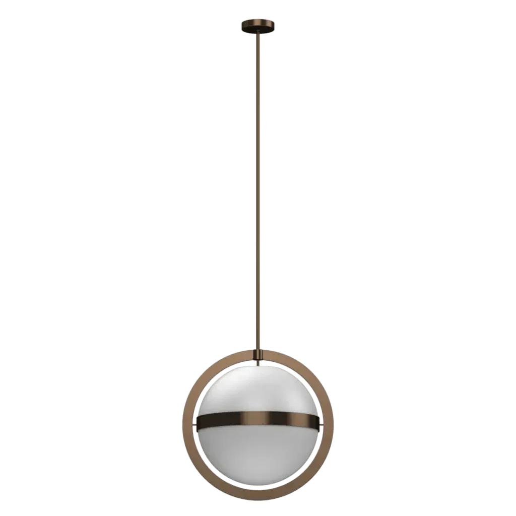 Stria Pendant - polished brass finish, detail of brass ring framing white opal glass sphere