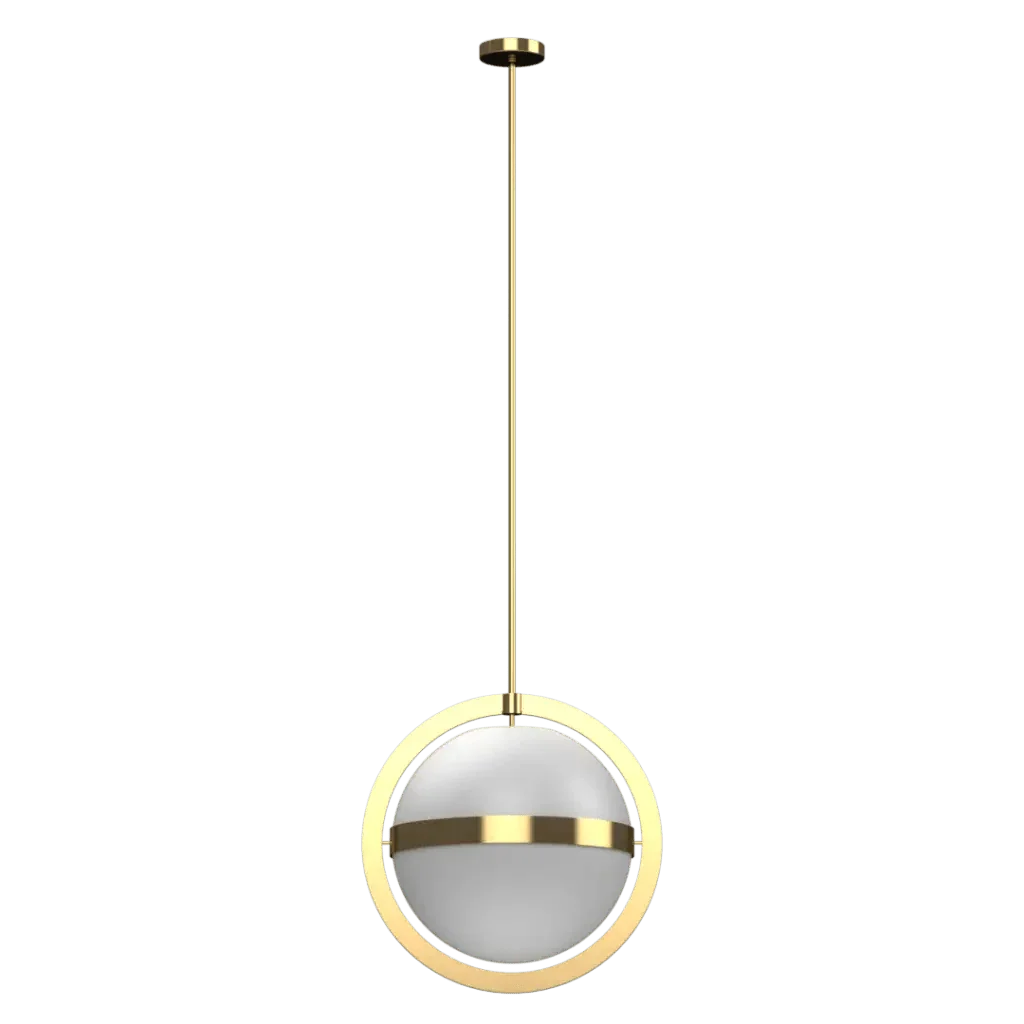 Stria Pendant - polished brass finish, front elevation showing spherical white opal glass diffuser framed by brass ring with horizontal brass band at equator