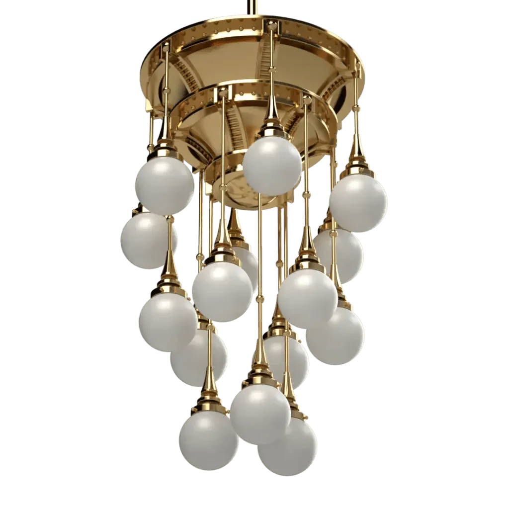 Symphonia chandelier featuring a brass and white glass multi-tiered design with numerous hanging spherical lights