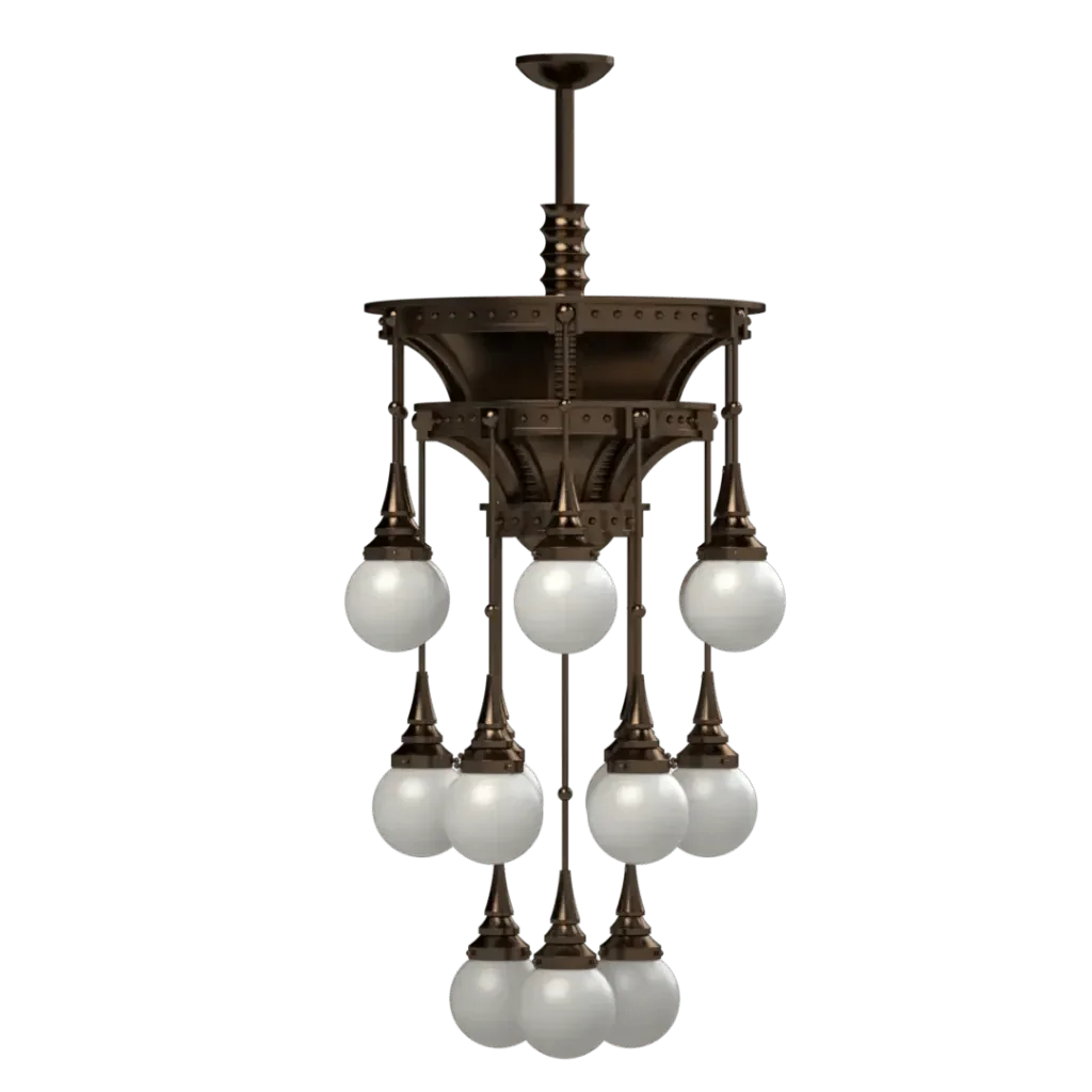 Bronze symphonia chandelier featuring spherical white glass shades for elegant indoor lighting