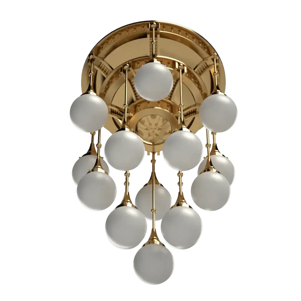 Symphonia chandelier multi-light fixture with frosted white globe shades and polished gold-toned metal frame