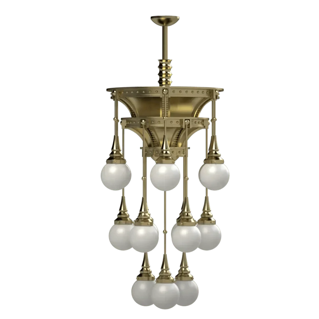 Symphonia chandelier is a multi-tiered brass fixture featuring numerous spherical white glass globes