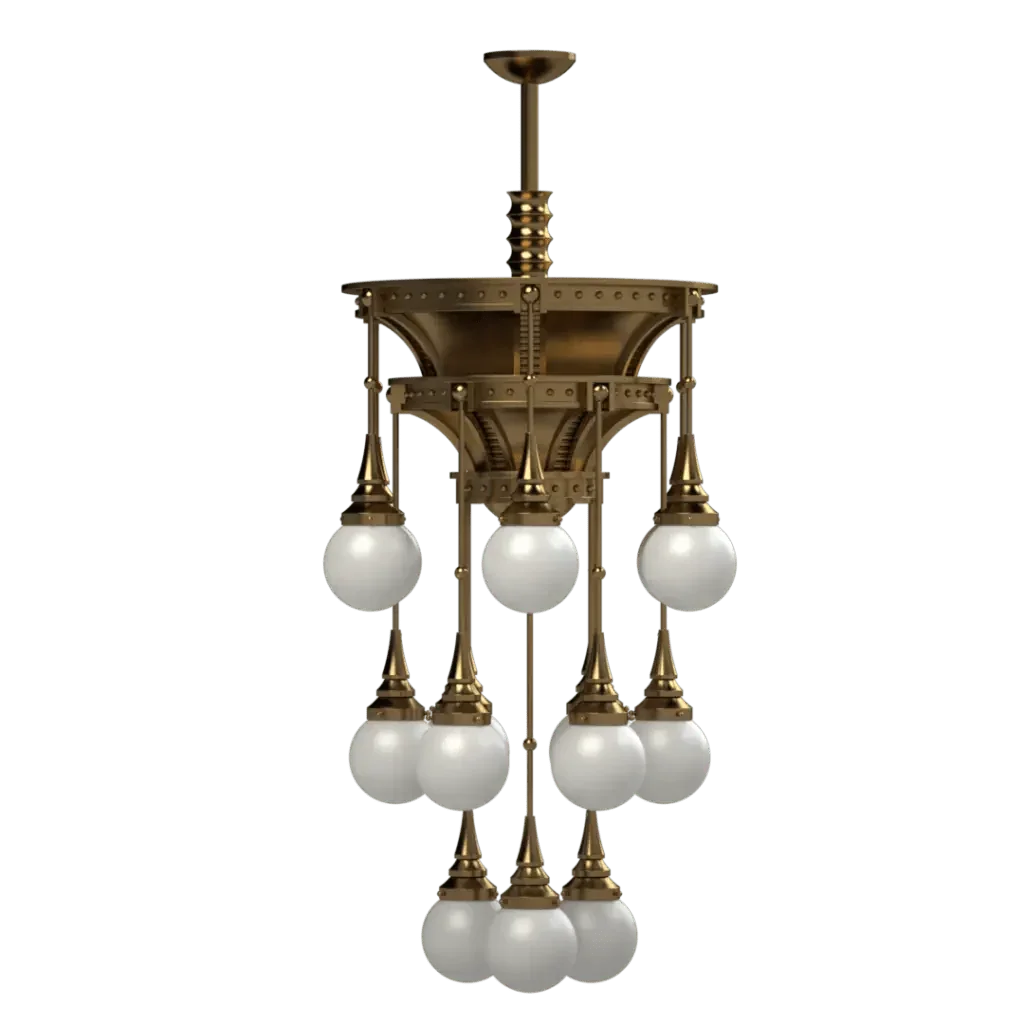Symphonia chandelier ornate tiered brass chandelier with white globe lights for elegant indoor lighting