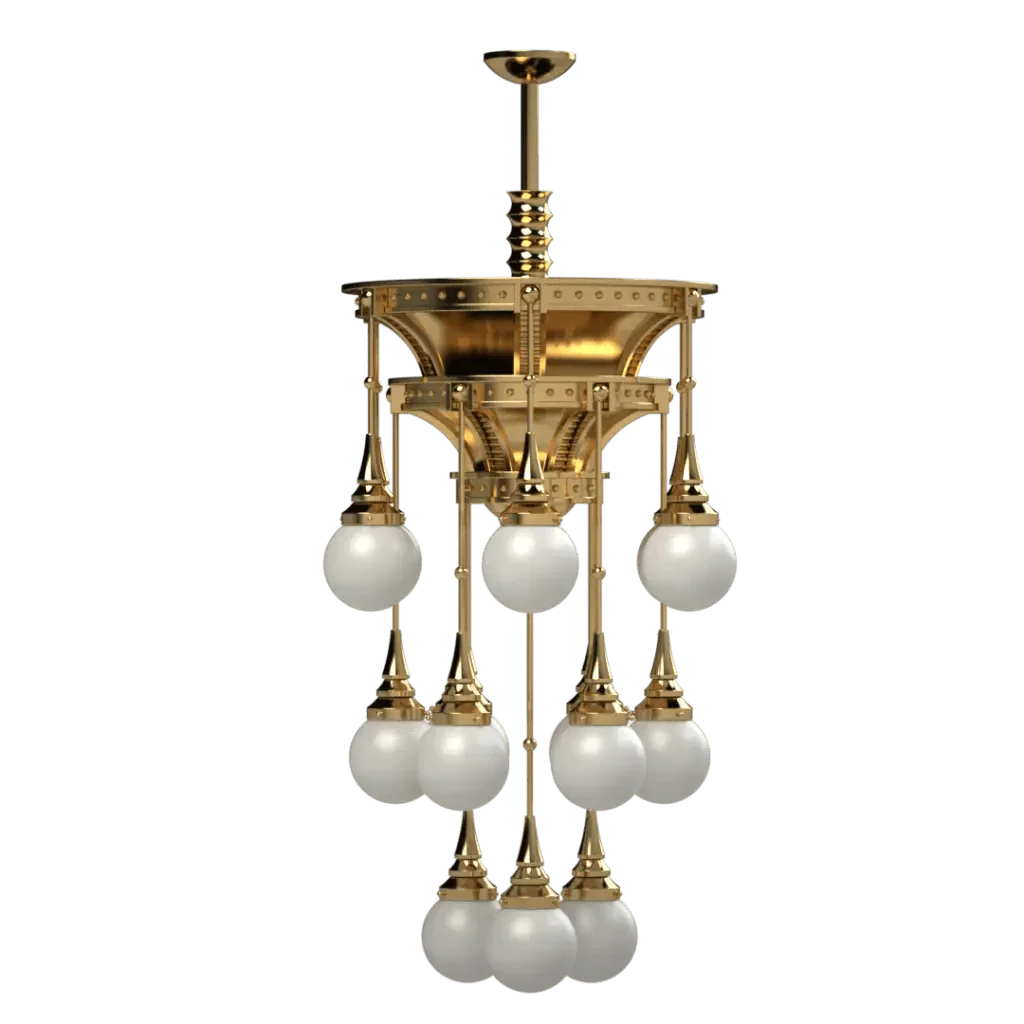 Symphonia chandelier ornate tiered brass chandelier with spherical white glass shades for elegant lighting