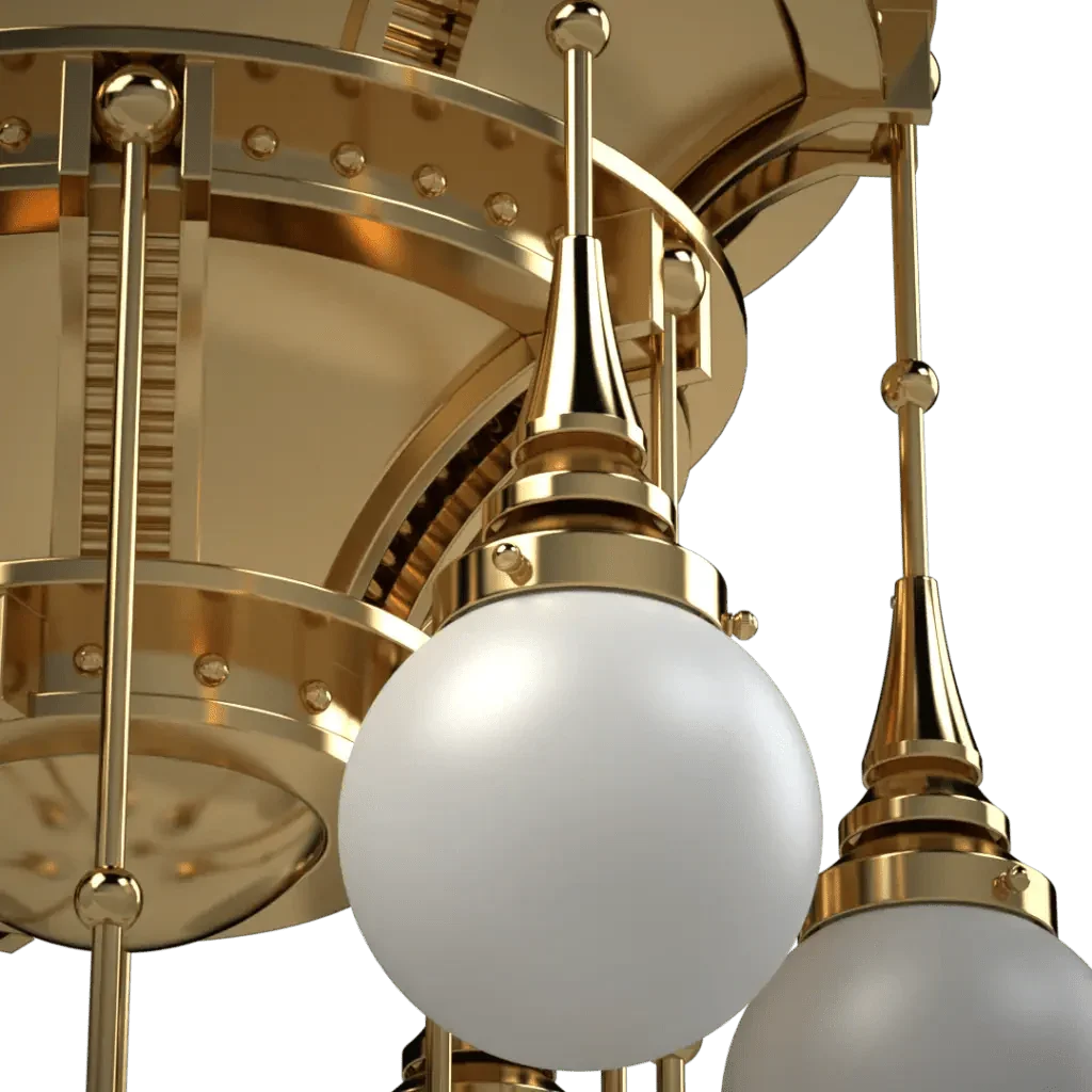 Symphonia chandelier featuring an ornate gold-toned frame with white spherical glass globes for elegant lighting