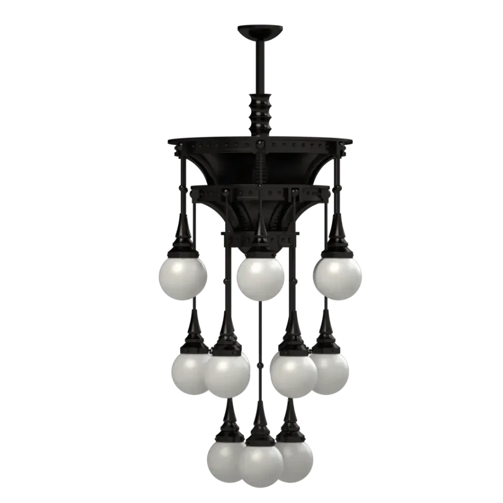 Symphonia chandelier tiered black metal with twelve spherical white glass globes for elegant lighting