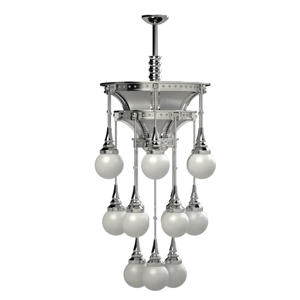 Symphonia chandelier tiered chrome fixture with multiple spherical white glass globes for elegant lighting
