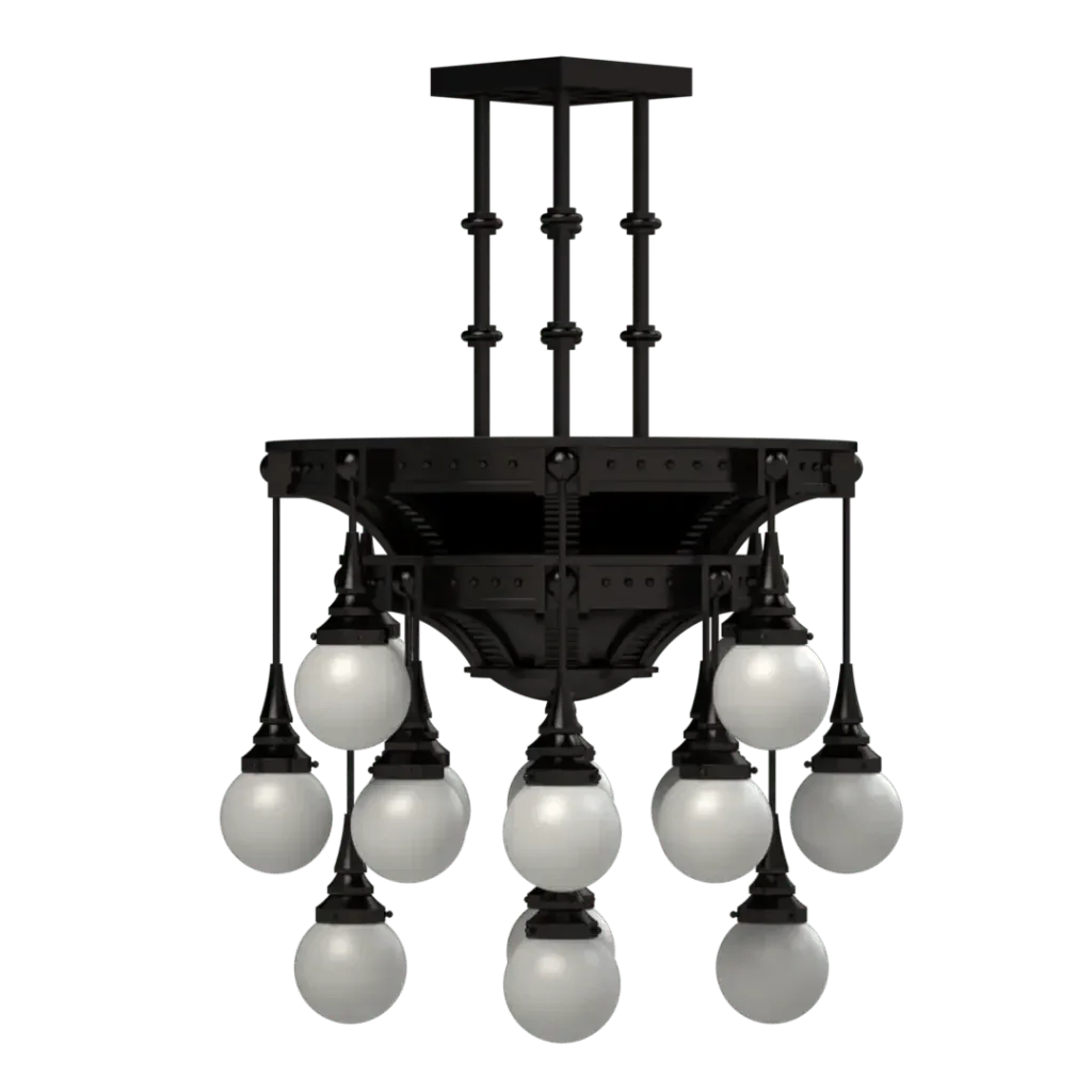 Black metal symphonia delux chandelier with nine spherical white glass shades for elegant indoor lighting
