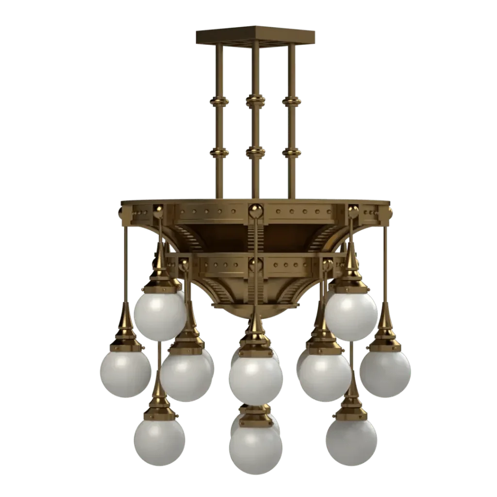 A brass Symphonia Delux chandelier with nine spherical white glass shades for elegant indoor lighting