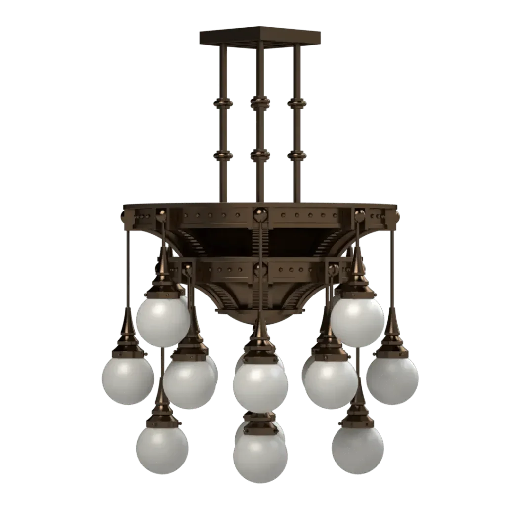 Bronze symphonia delux chandelier with ten frosted globe lights for elegant indoor lighting