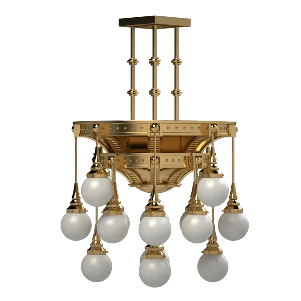 Symphonia Delux chandelier featuring a lavish brass frame with milky white globe lights for elegant lighting