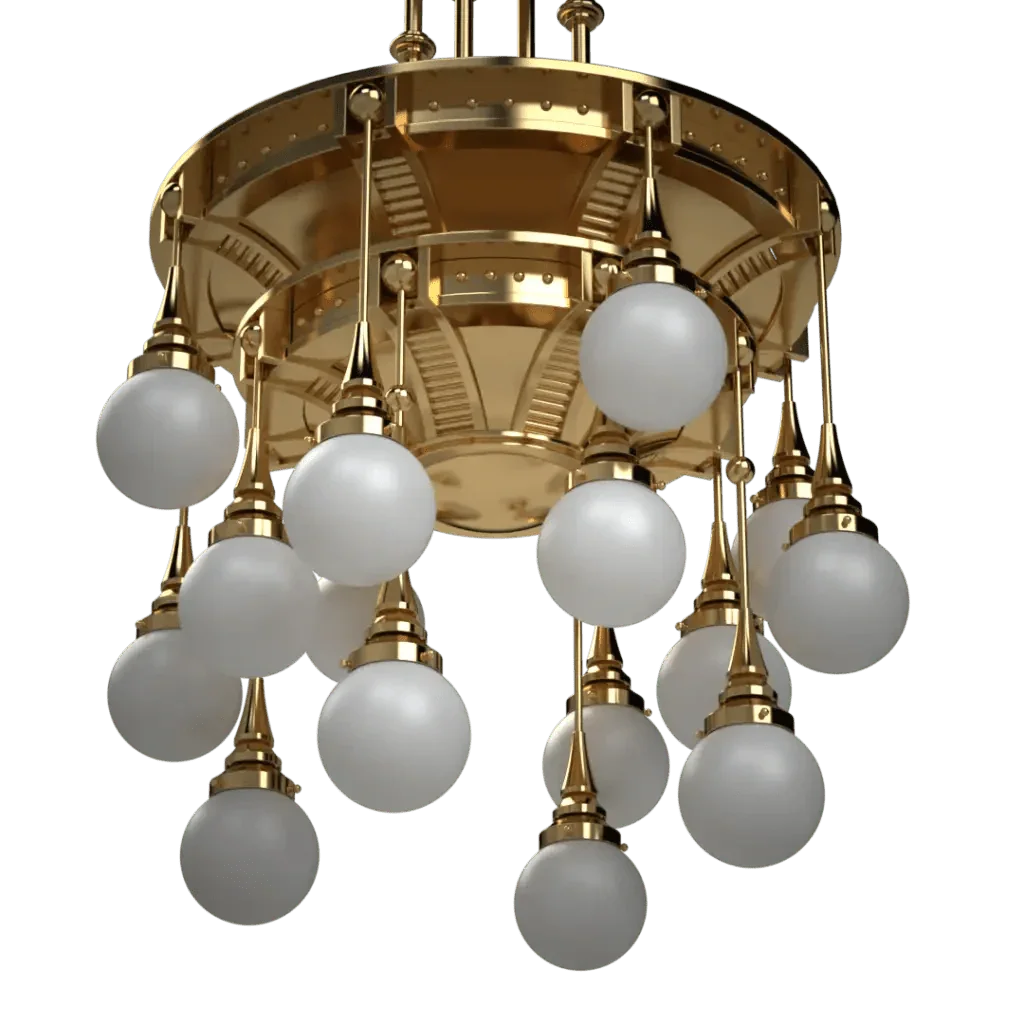 Symphonia Delux chandelier with gold finish and multiple white globe lights for elegant indoor lighting
