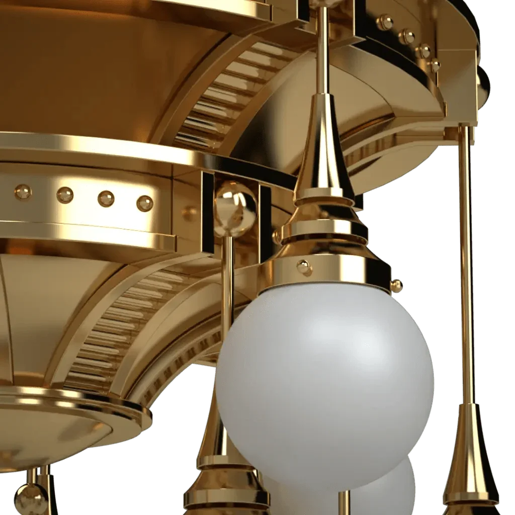 Ornate gold Symphonia Delux chandelier with white spherical globes made of metal for elegant indoor lighting