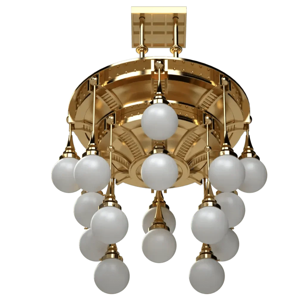 Symphonia Delux chandelier gold plated with multiple white globe lights elegant lighting fixture for interiors