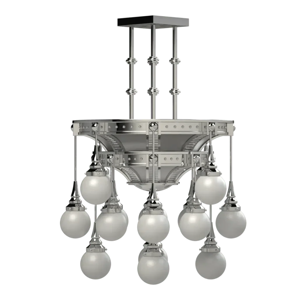 A polished metal symphonia delux chandelier featuring multiple frosted glass orb lights in a modern design