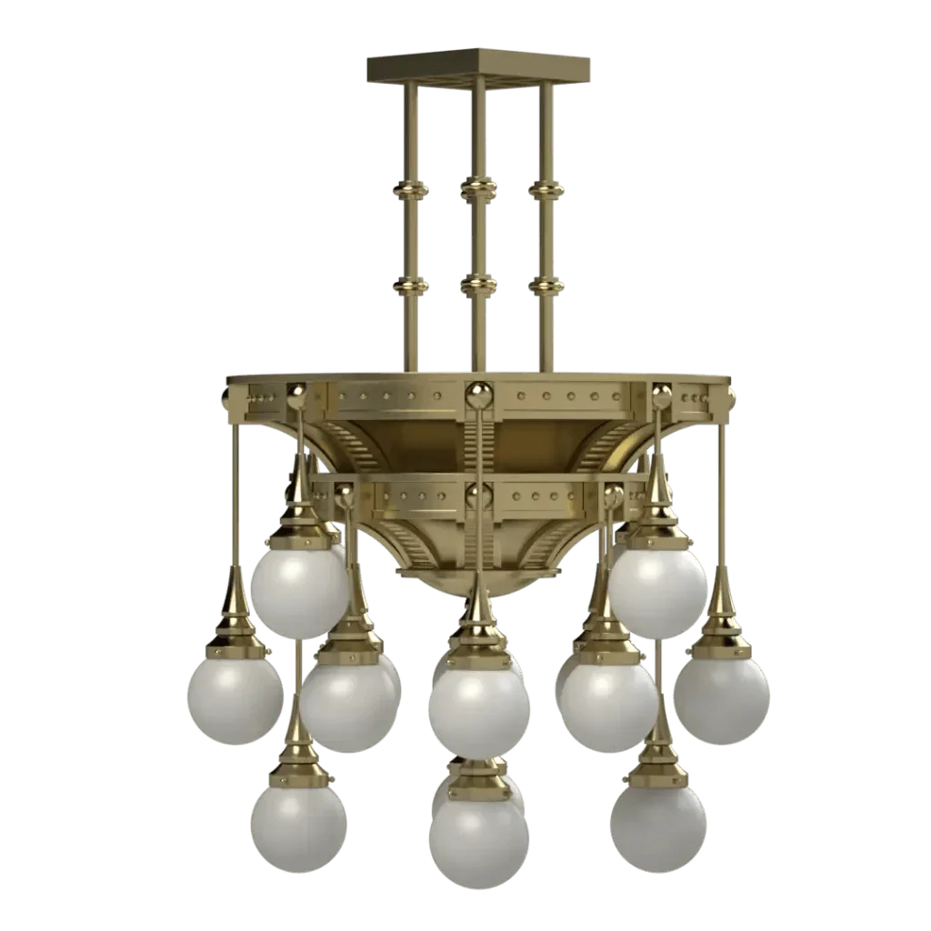 Symphonia Delux chandelier with vintage-style brass frame and globe-shaped white glass shades multi-bulb fixture