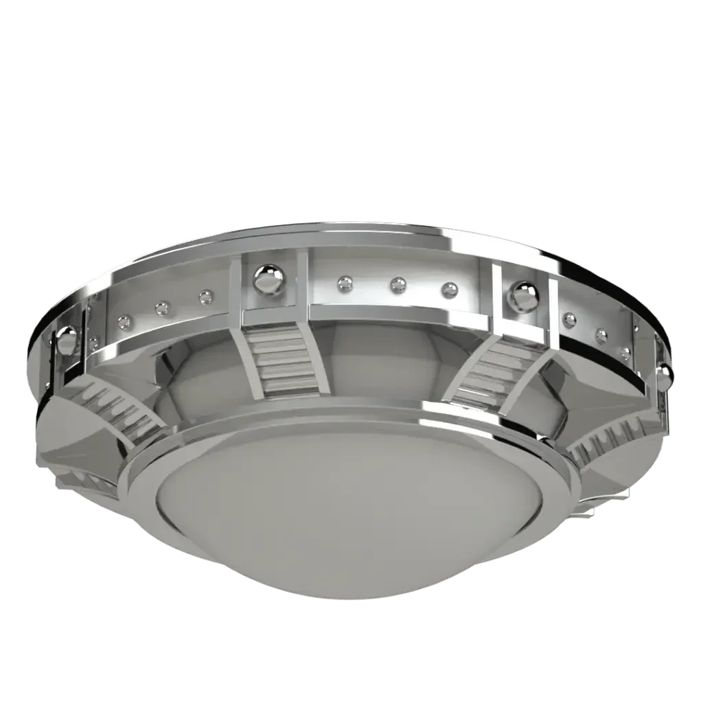 Symphonia Flush Mount - polished brass finish, front view showing turned and spun components with glass globe