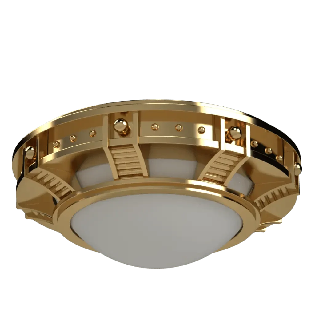 Symphonia Flush Mount - polished brass finish, three-quarter view with light on