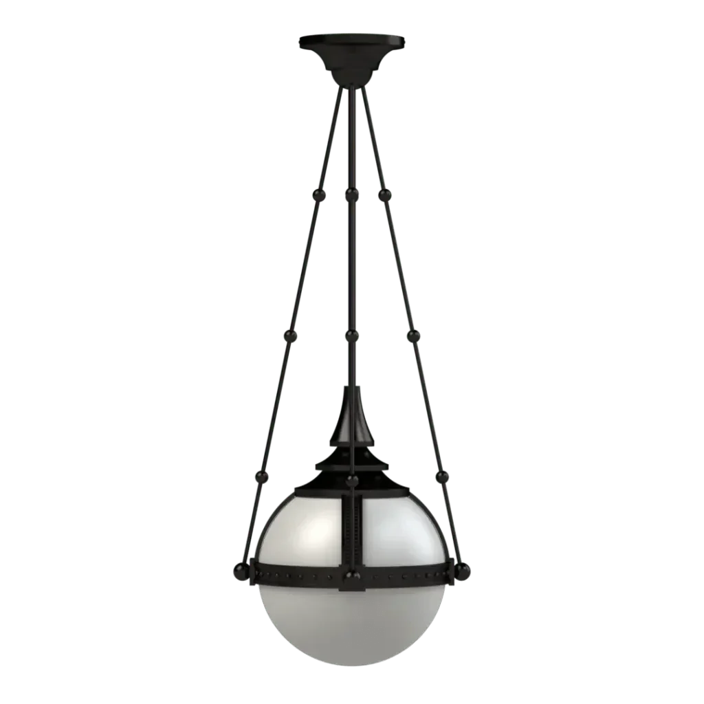 Symphonia Globe pendant is a black metal light fixture with a white spherical glass shade for indoor lighting