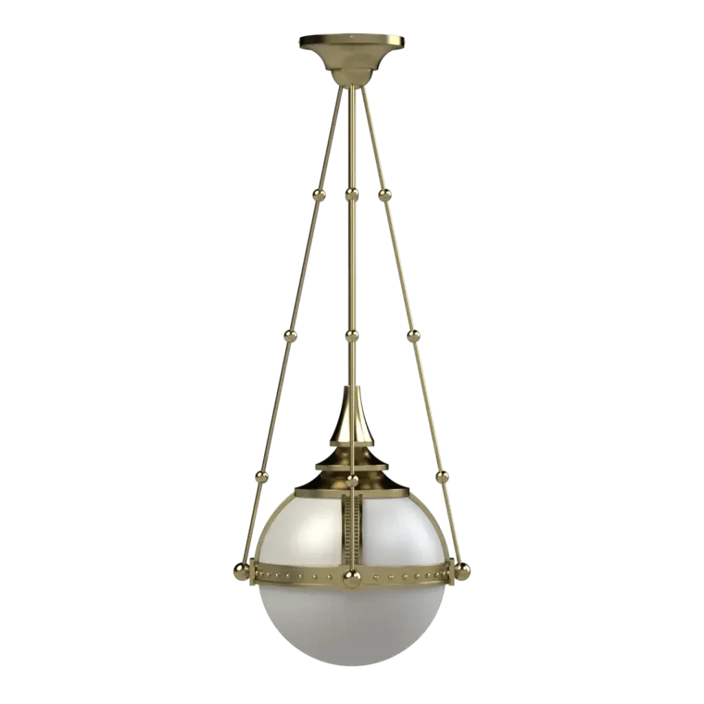 Symphonia globe pendant light featuring a brass frame and frosted glass globe for elegant indoor lighting