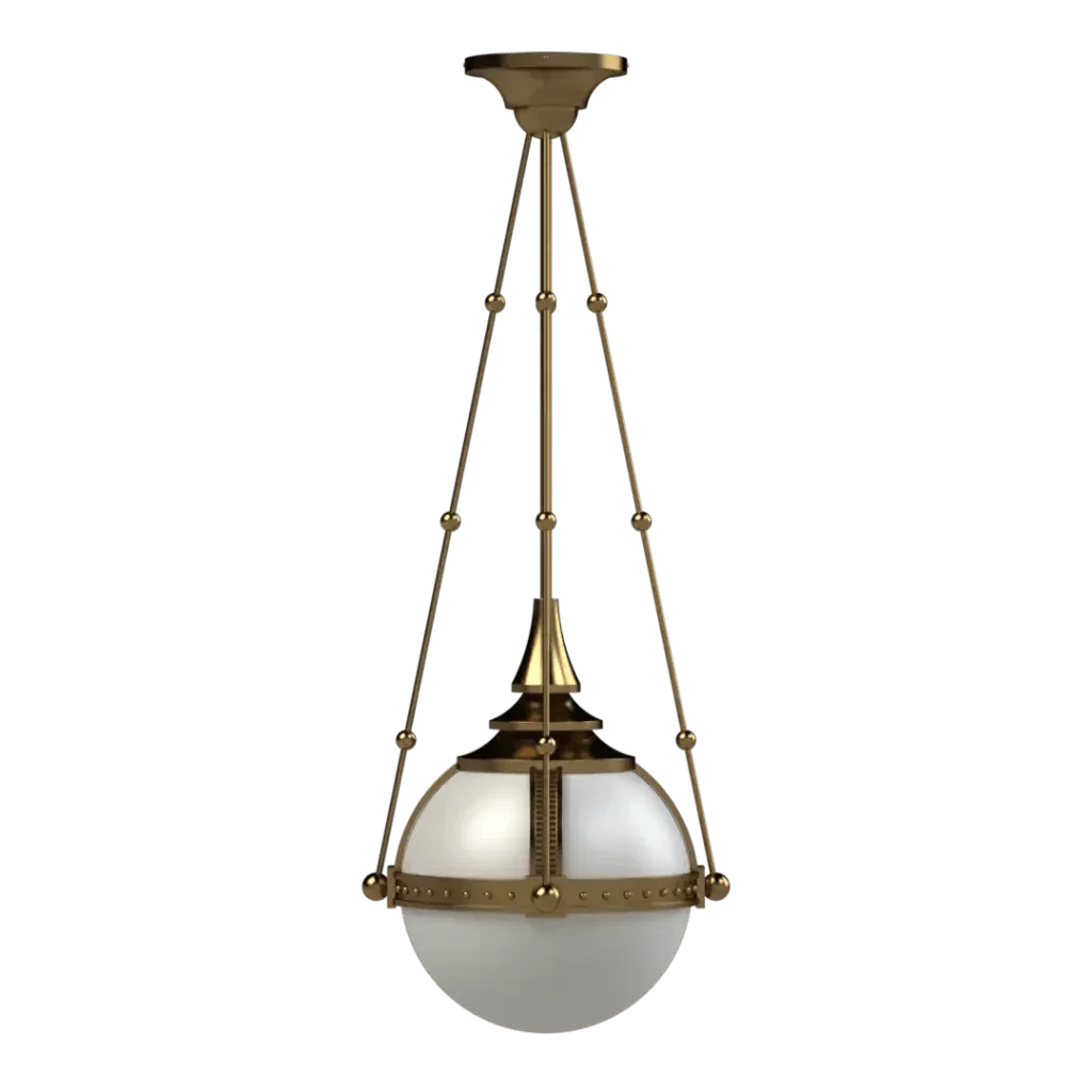 Symphonia globe pendant light featuring a brass frame and white glass globe for elegant interior lighting