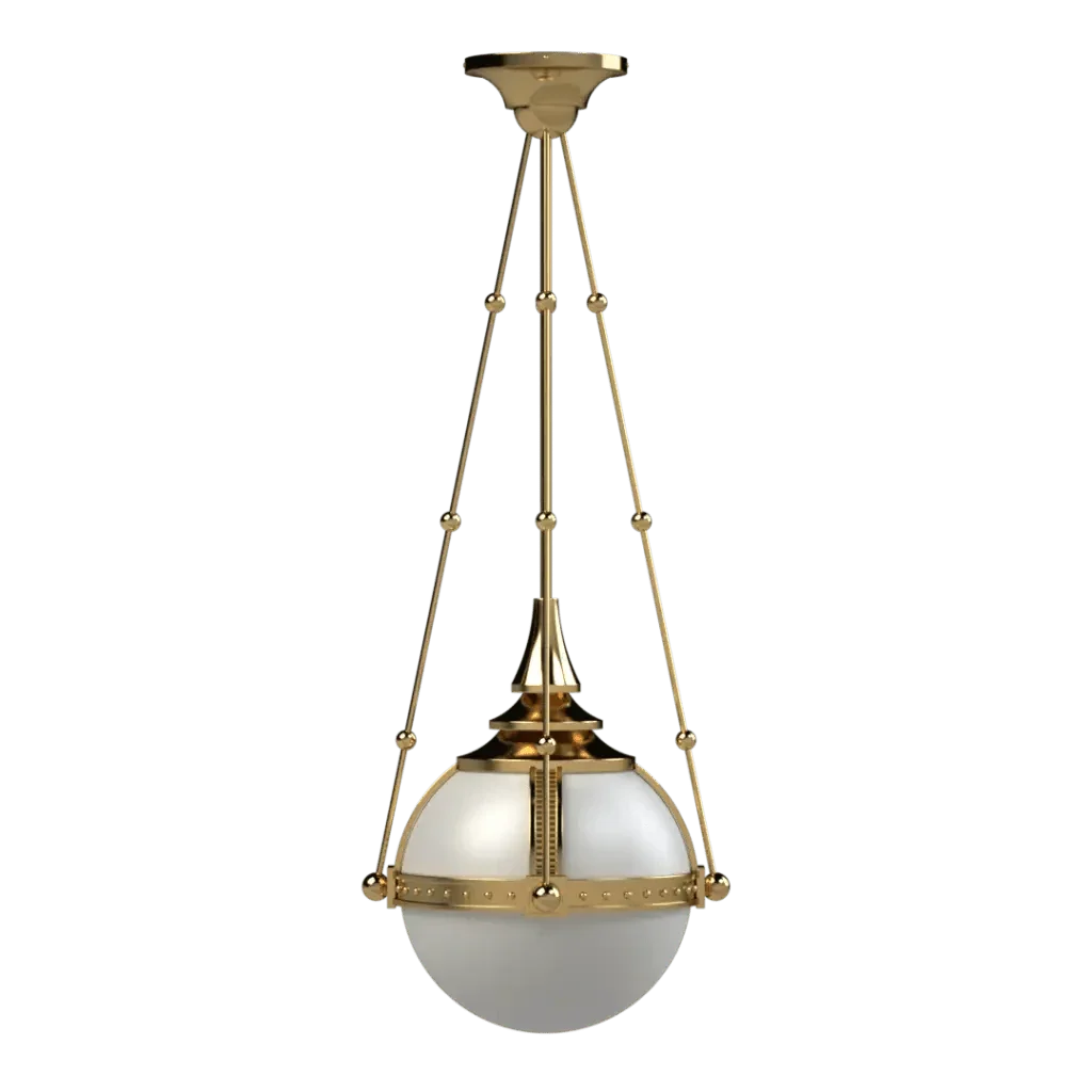 Symphonia globe pendant light fixture with a brass frame and white glass globe for indoor lighting