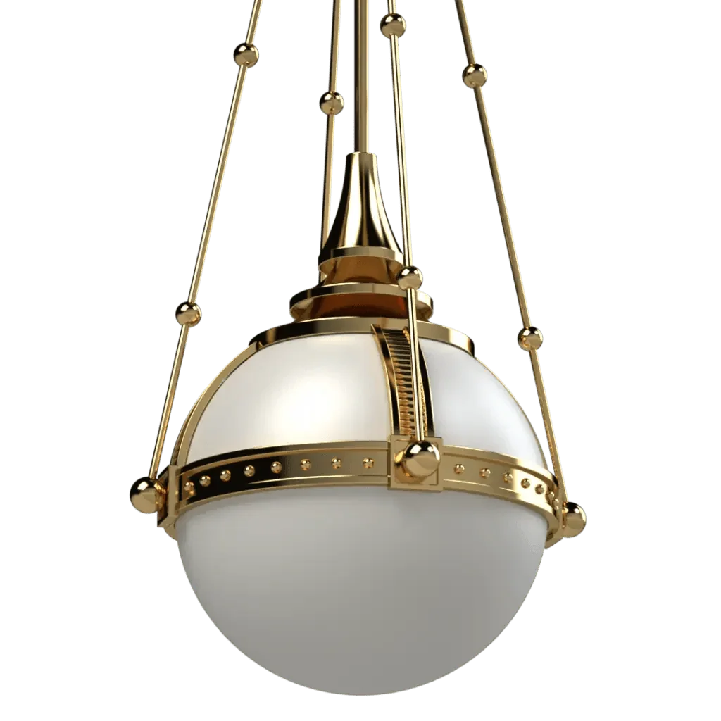 Symphonia globe pendant white spherical glass light with polished gold metal accents for elegant interior lighting