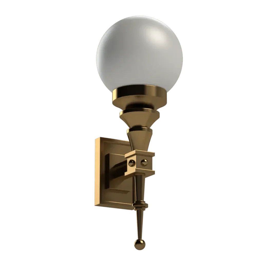 Symphonia sconce brass wall sconce with a spherical white glass shade for elegant indoor lighting