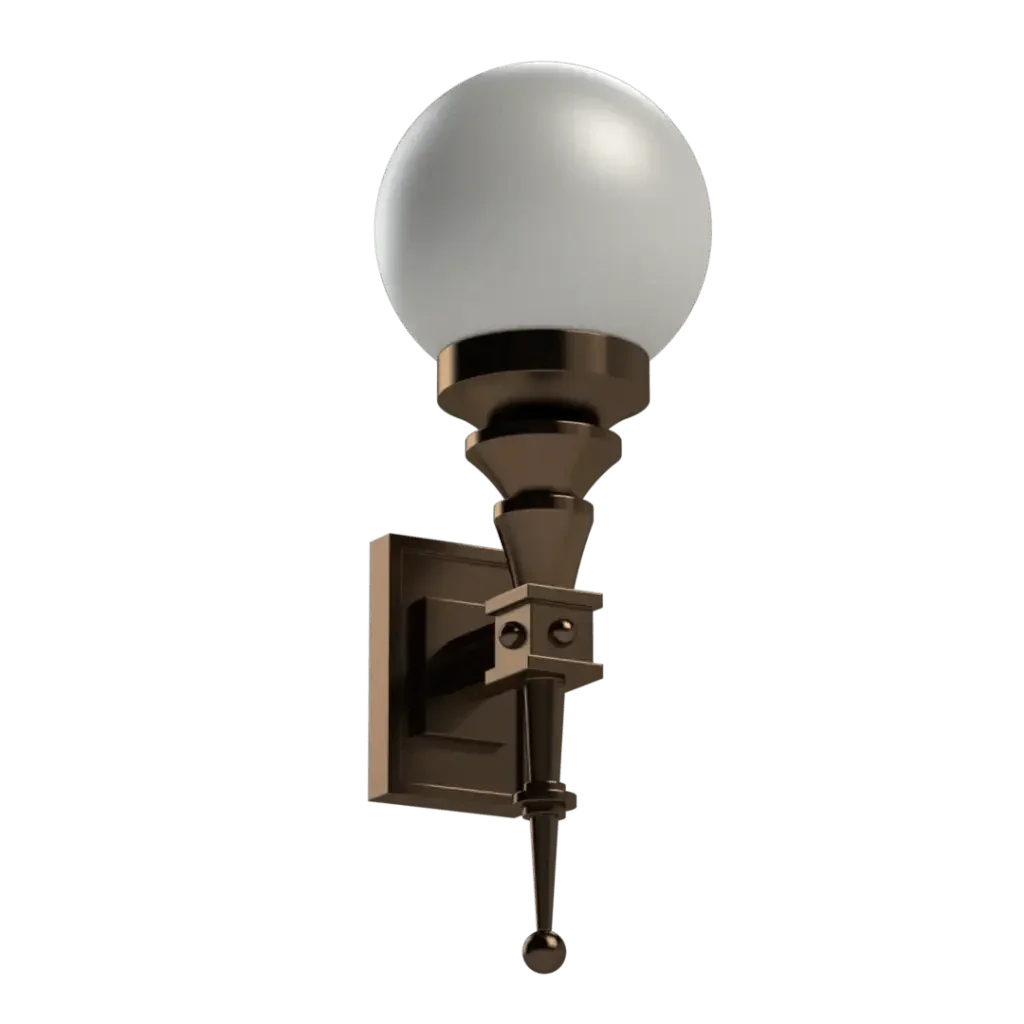 Bronze symphonia sconce with a spherical white glass shade for elegant wall lighting