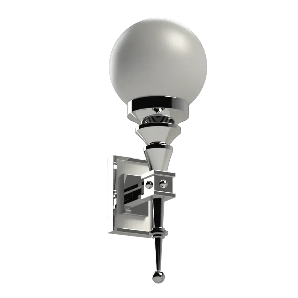 Symphonia sconce chrome wall light with spherical white glass shade for elegant indoor lighting