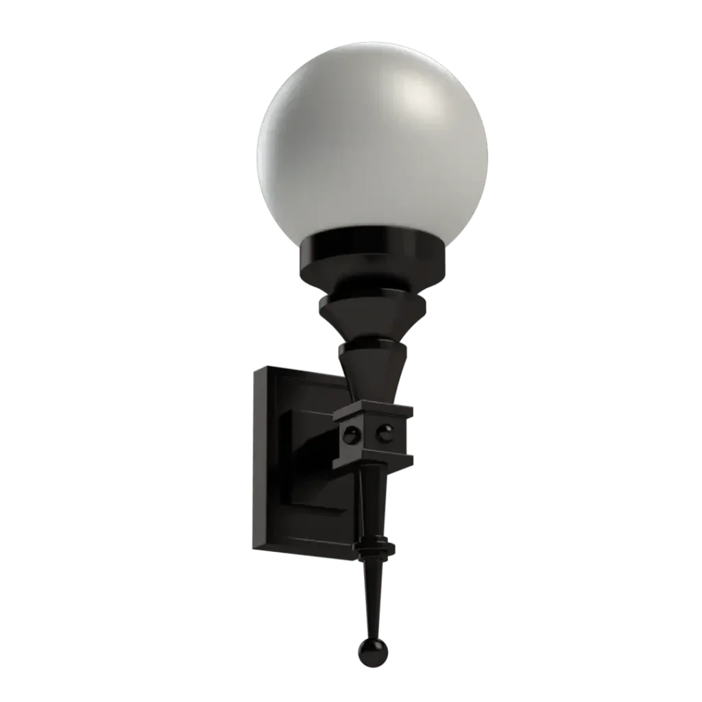 Symphonia sconce dark wall-mounted outdoor light fixture with spherical white glass globe